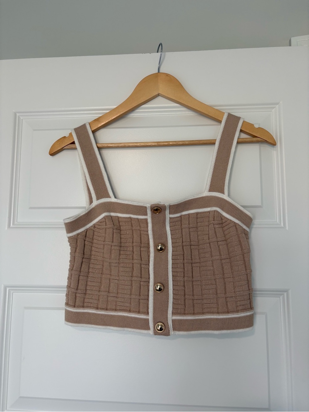 Beige Knit Crop Top with White Trim Feminine Preppy Neutral Aesthetic Size Large